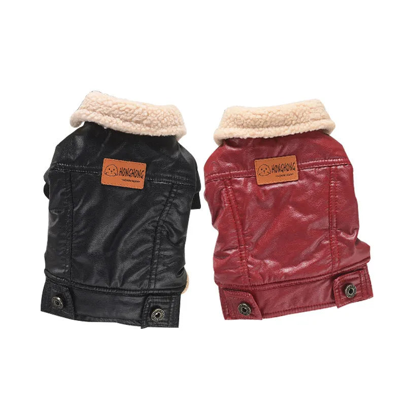 Two-legged PU pet leather coat in red for small dog, fleece-lined with British-style design