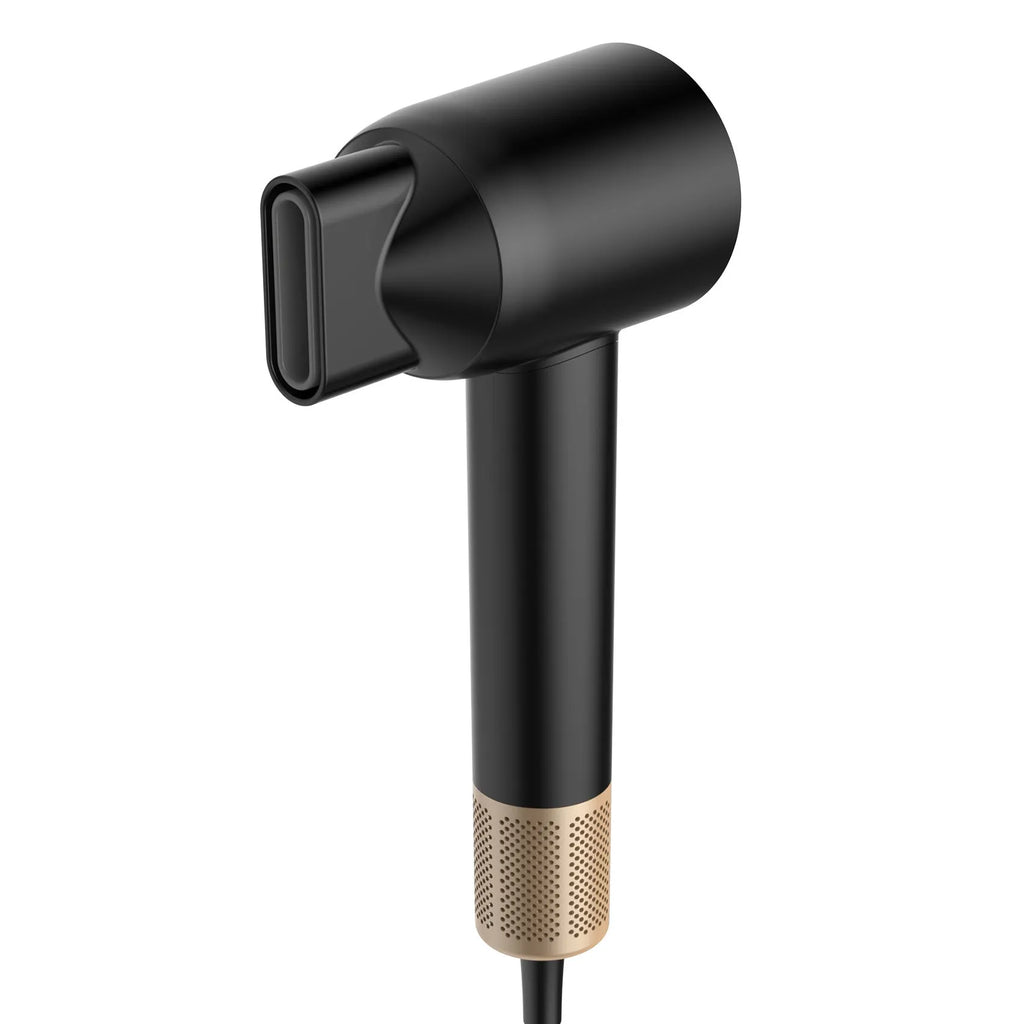 Black gold high-power hair dryer with screen display and brushless motor on neutral background