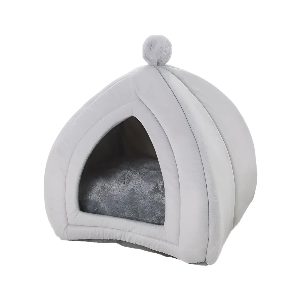 Gray cat bed pet house cave in size XL on a hardwood floor