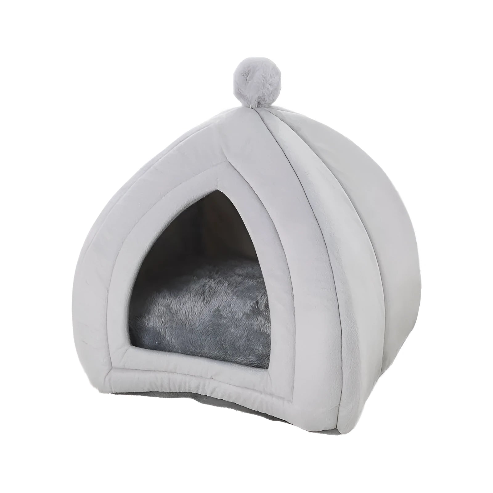Gray cat bed pet house cave in size XL on a hardwood floor