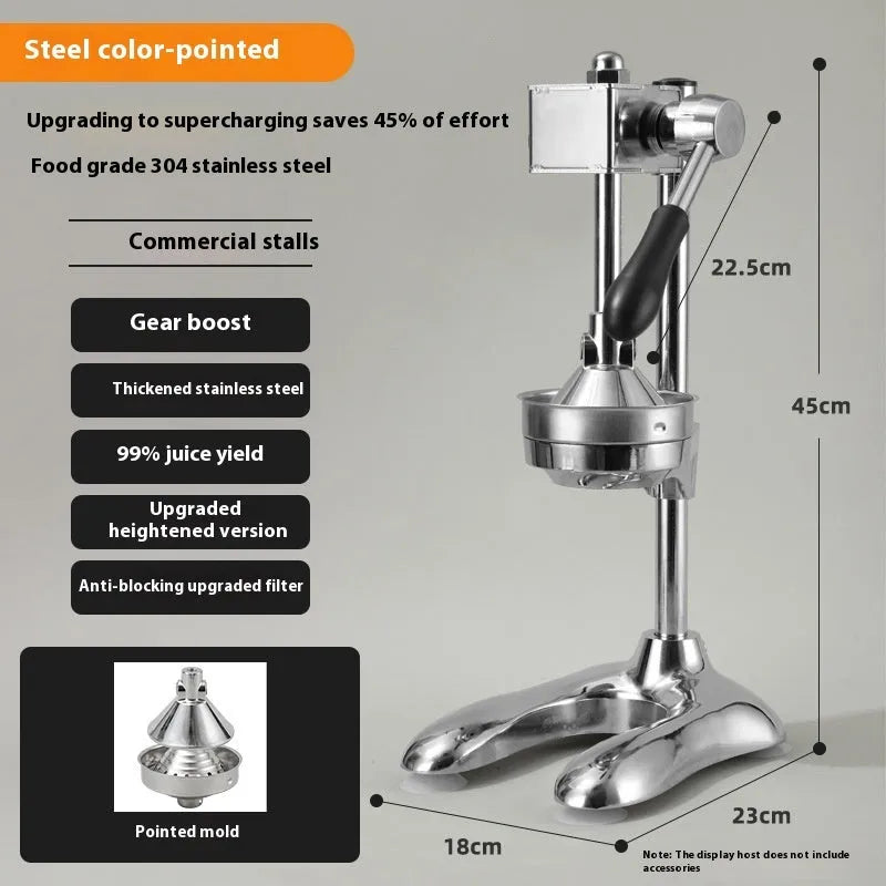 Vertical stainless steel and zinc alloy manual citrus juicer on a kitchen counter.