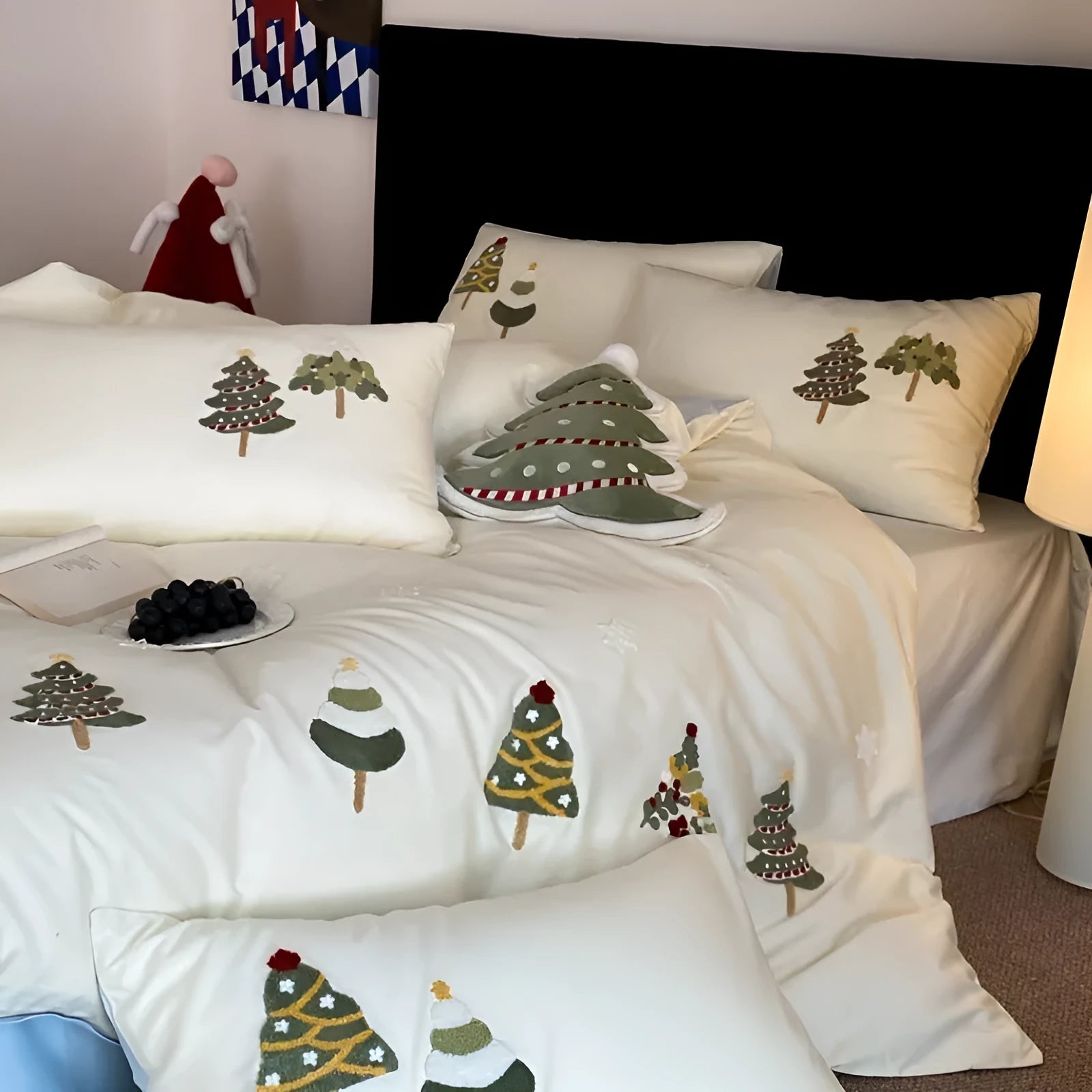 Cream Blue pure cotton duvet cover with raised white Christmas tree embroidery, paired with a fitted sheet and pillowcases.