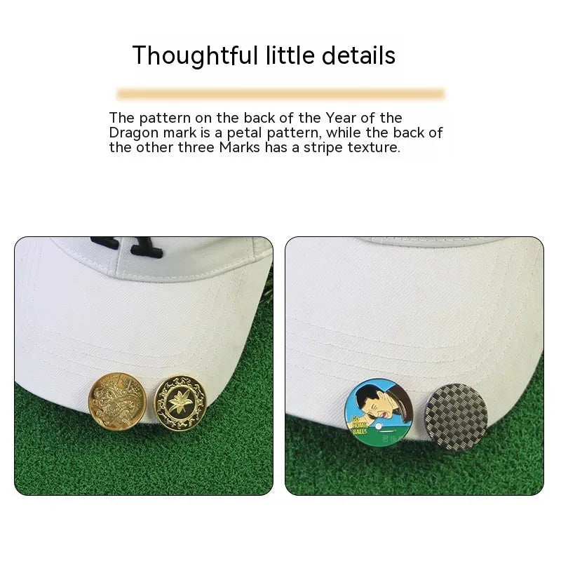 Zinc alloy golf hat clip with detailed dragon year and sports-themed metal patterns.