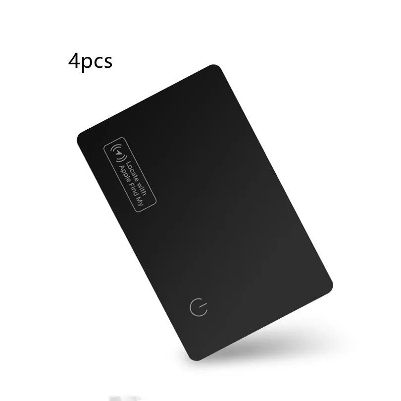 Black ultra-thin anti-loss alarm card for Apple devices next to a credit card for size comparison.