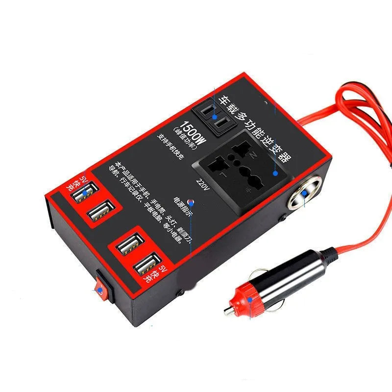 Black automotive power converter that converts 12V or 24V car battery power to 220V AC household electricity