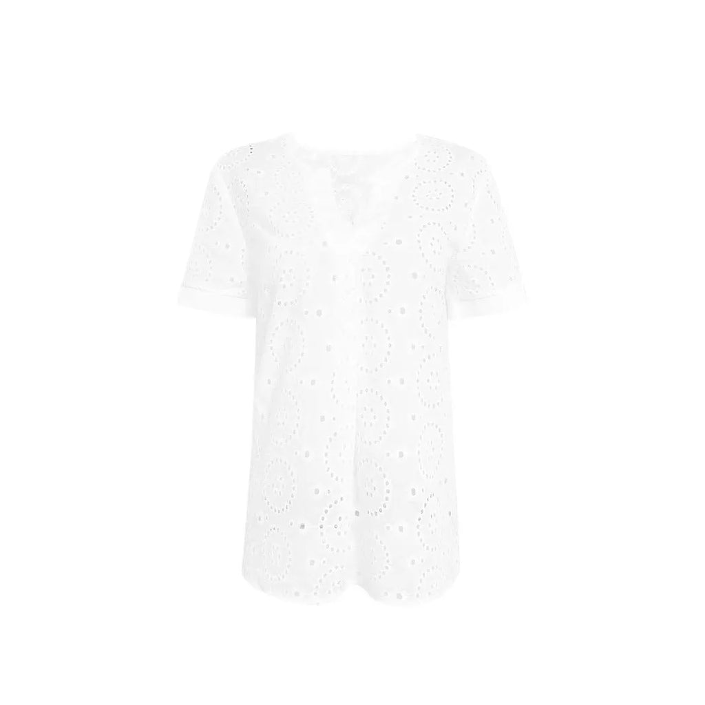 White V-neck short sleeve T-shirt with hollow-out pattern detail on front, loose casual fit