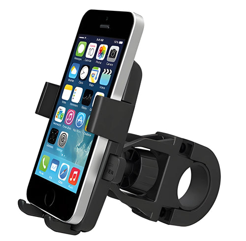 Black ABS plastic bicycle mobile phone holder mounted on handlebars, showing adjustable strap.