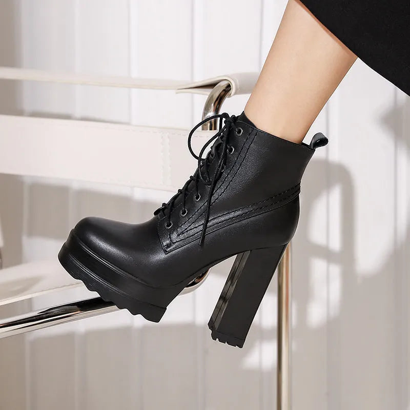 Women's black waterproof platform boots with chunky heels and side zipper