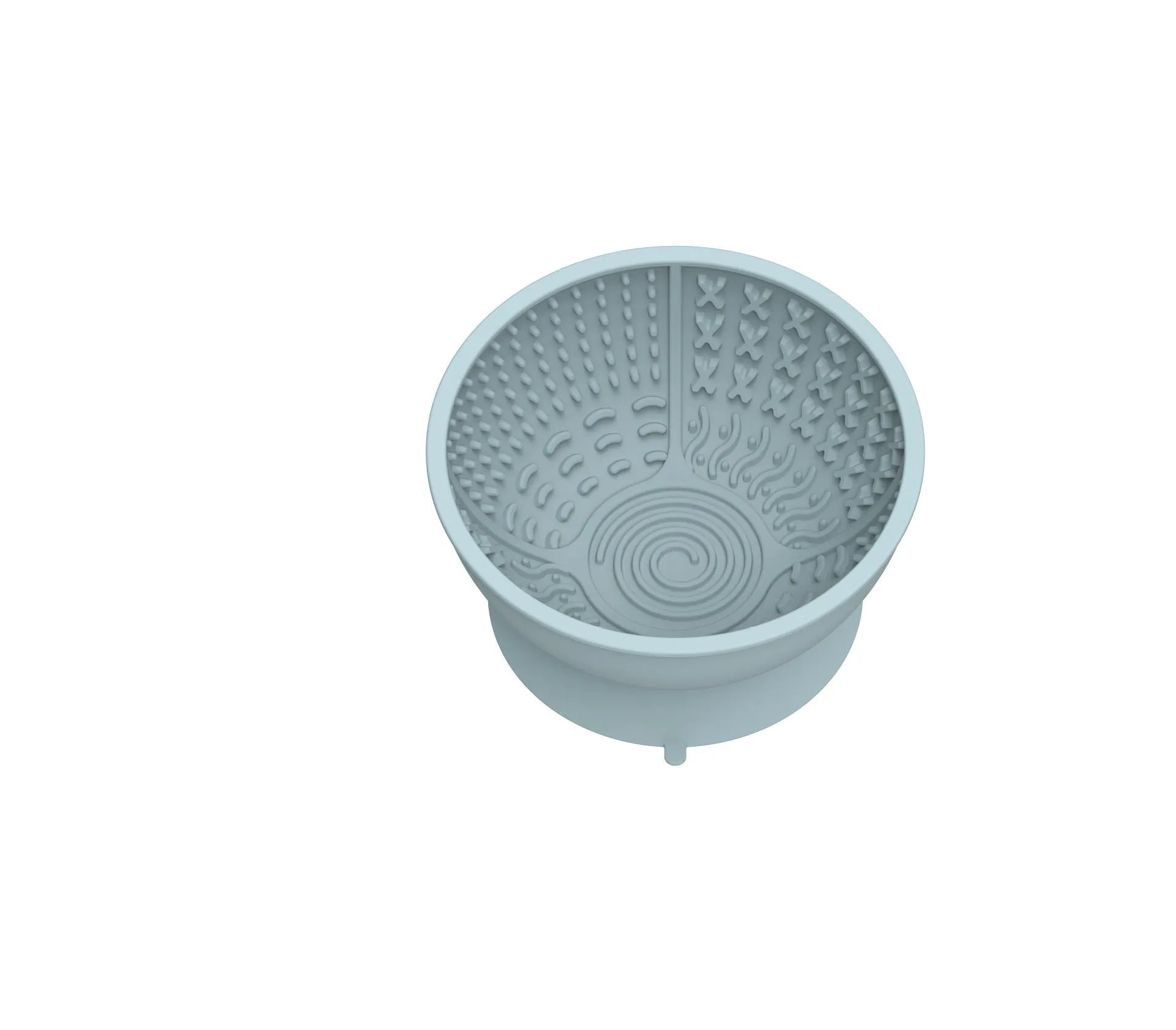 Cyan silicone pet licking mat slow feeder bowl with suction cup base on a floor