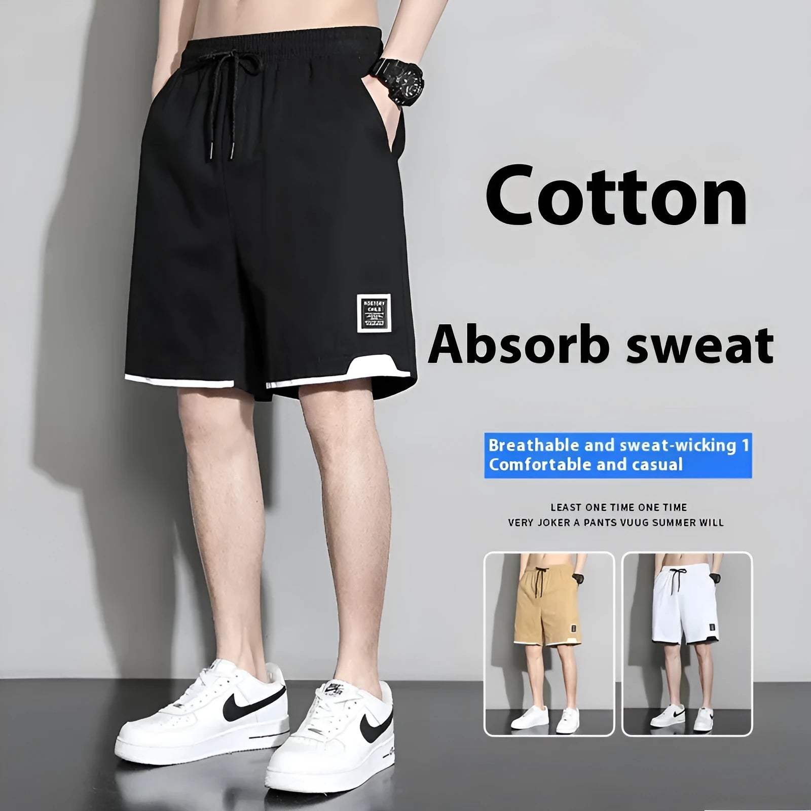 Boys' cotton shorts in black, khaki, or white, showing mid-waist and shorts length design.