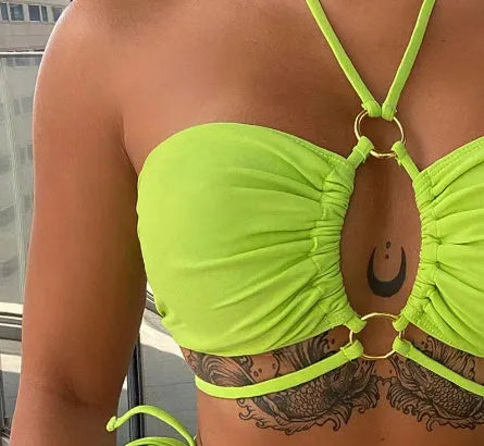 Women's yellow green lace-up triangle bikini swimsuit with split design