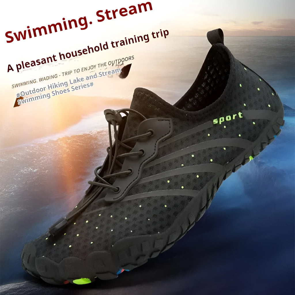 Low-top fast-draining beach shoes in army green with mesh fabric upper and rubber sole.