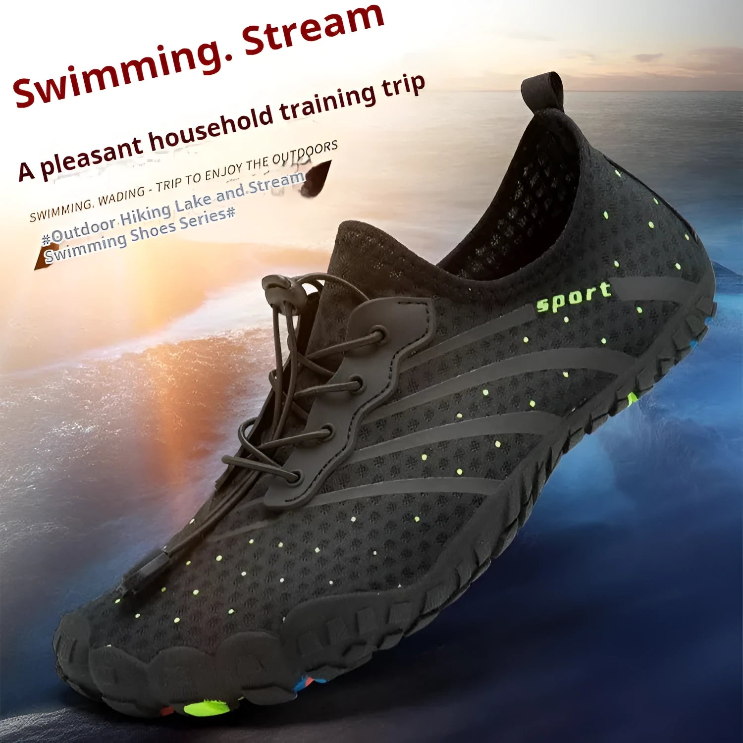 Low-top fast-draining beach shoes in army green with mesh fabric upper and rubber sole.