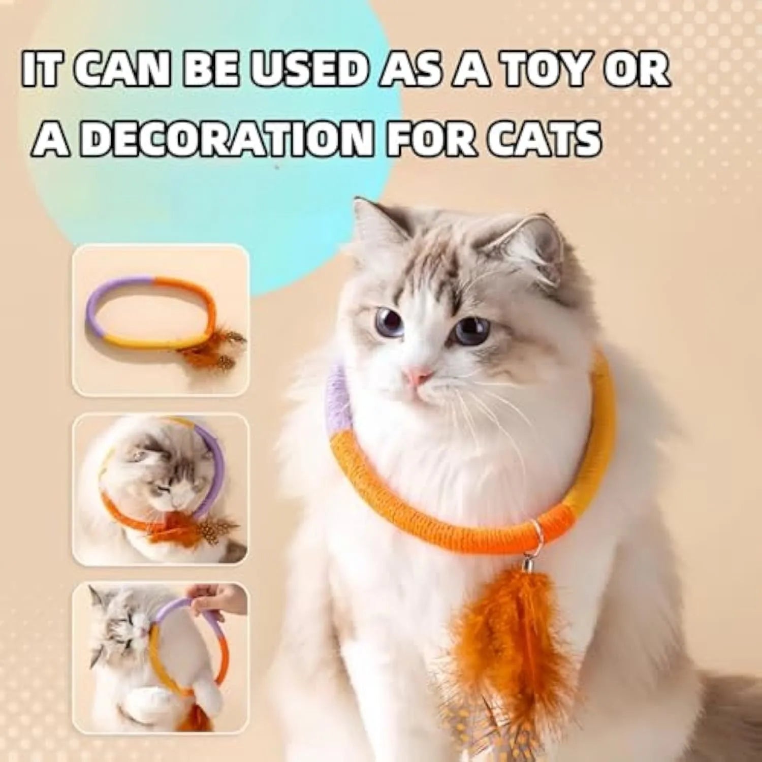 Green circular cotton rope cat toy with feathers for chewing and interactive play