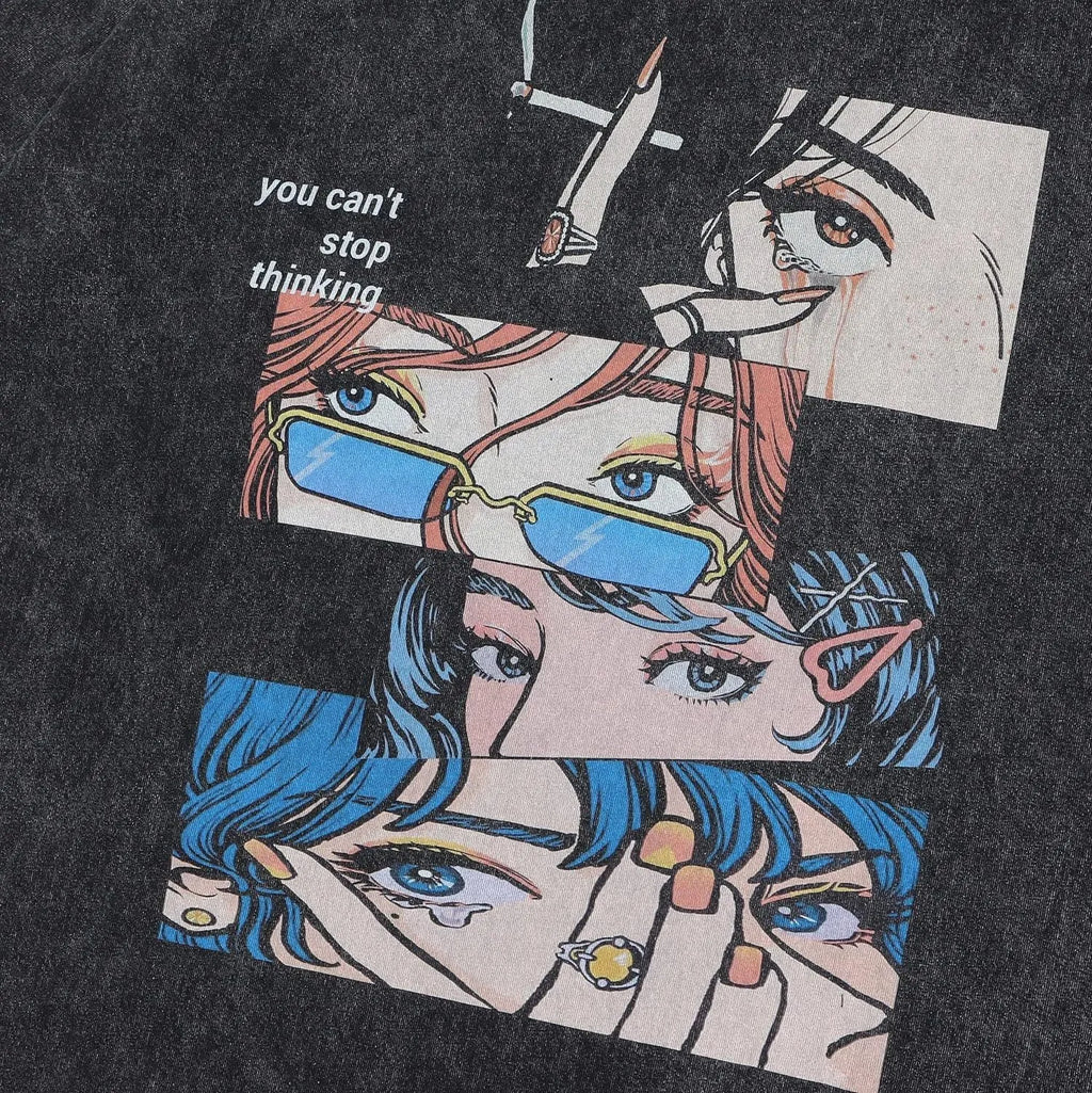 Men's retro cotton t-shirt with cartoon pattern in 56WashedBlack colour