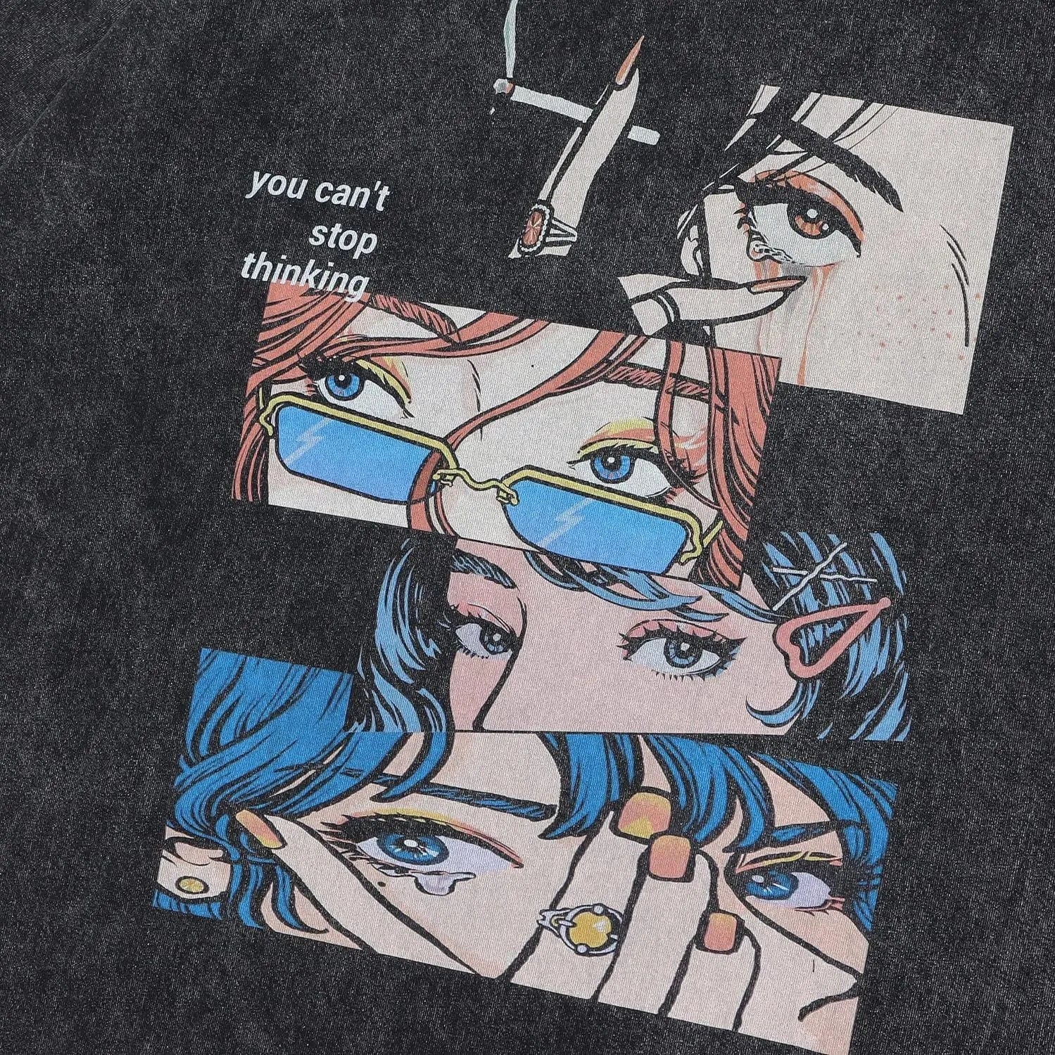 Men's retro cotton t-shirt with cartoon pattern in 56WashedBlack colour