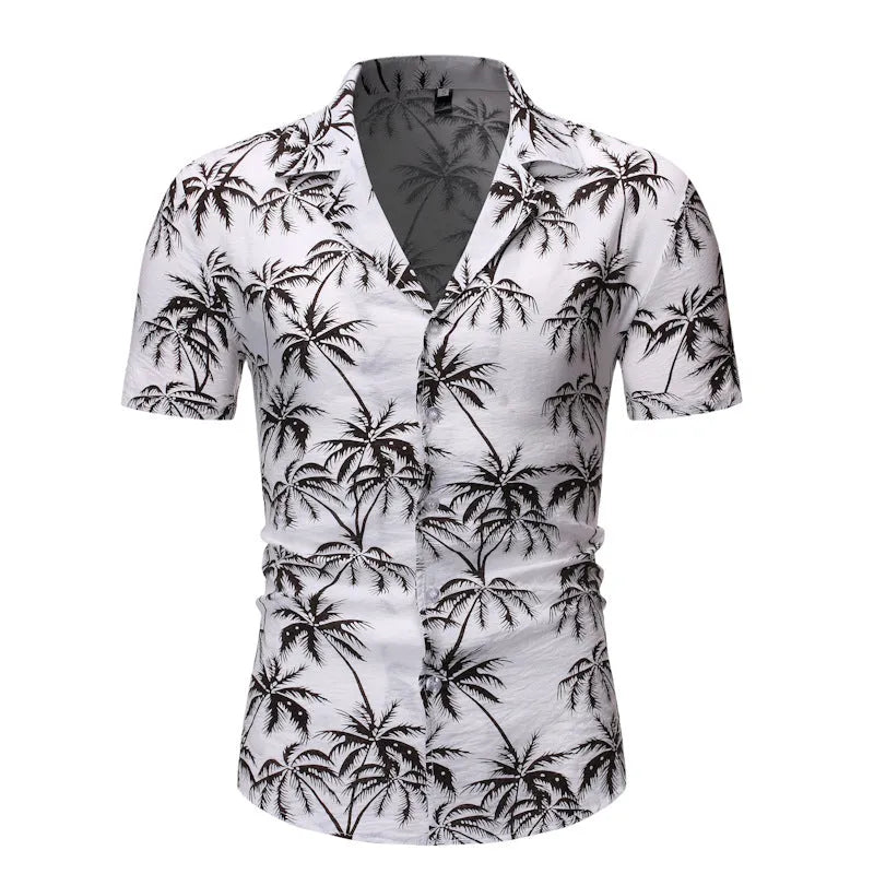 Men's loose lapel print top in light blue, long sleeve polyester casual shirt