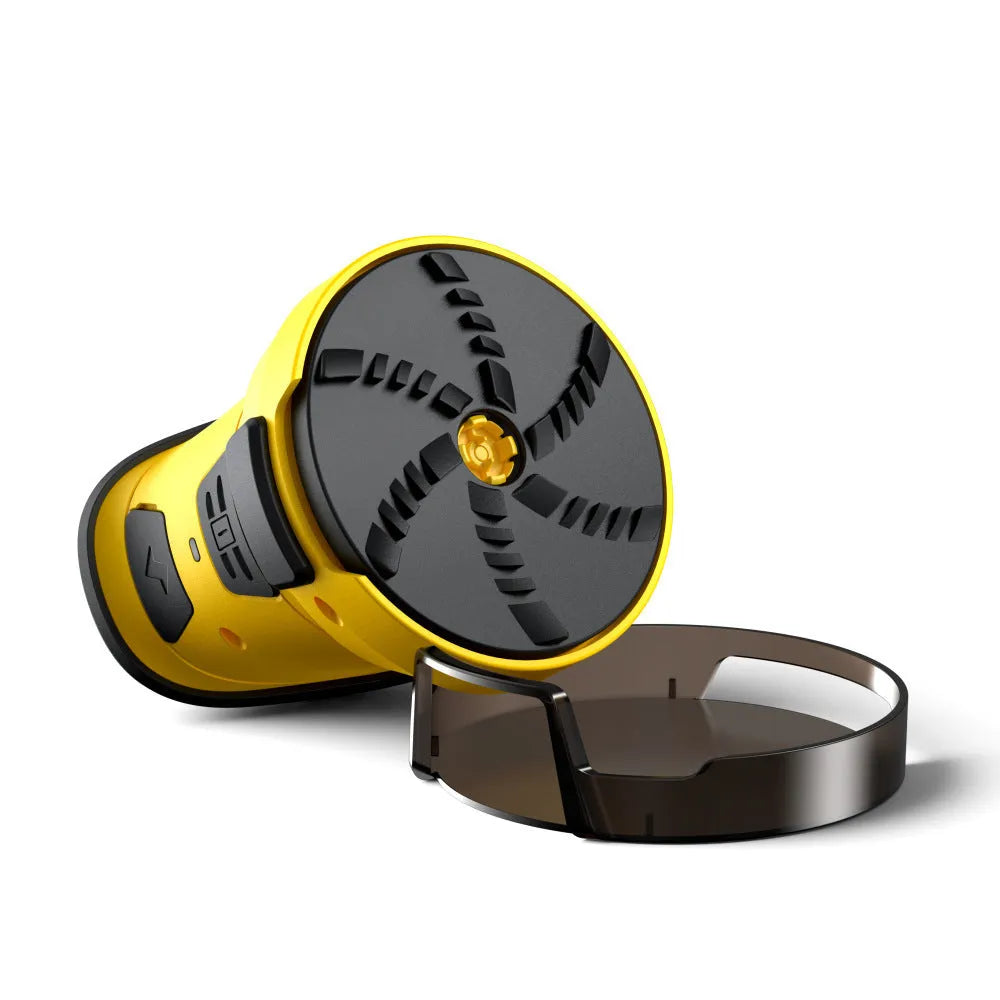 Yellow cordless electric car snow scraper with funnel shape and USB charging cable
