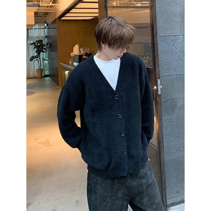 Men's casual V-neck cardigan sweater in army green, loose fit, long sleeve