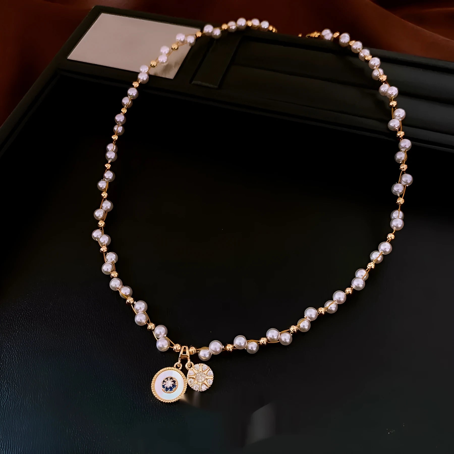 Gold electroplated zircon pearl round pendant necklace on clavicle chain with Chinese style design