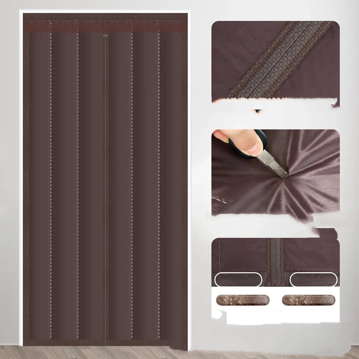 Full seam long magnetic strip cotton door curtain in New Chinese style, shown in grey diamond lattice pattern.