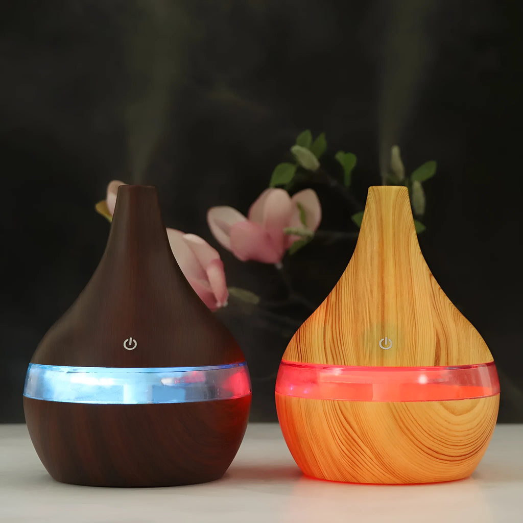 USB mini tip air purifier humidifier in wood grain, columnar shape, less than 1L tank, one fog outlet, 2-8 hour timer.
