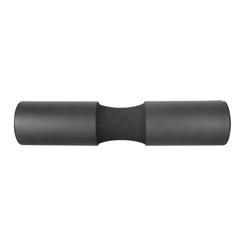NBR foam barbell shoulder pad 44cmx10cm in black on a barbell with weight plates, for squats and hip thrusts