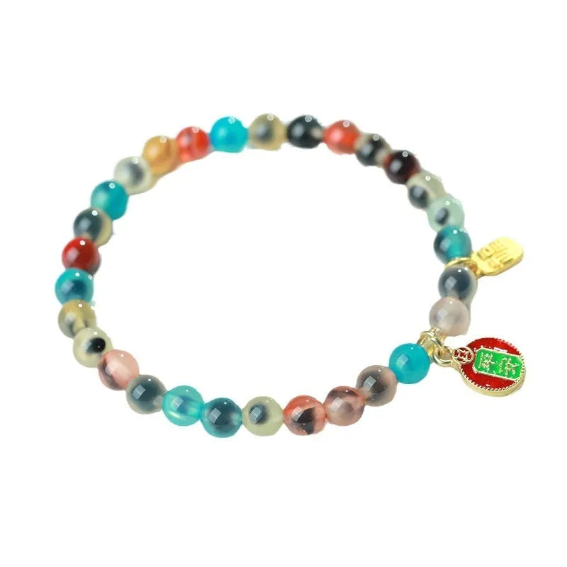 Women's natural agate bracelet with colourful sugar heart glaze and copper coin snake chain in symbolic designs