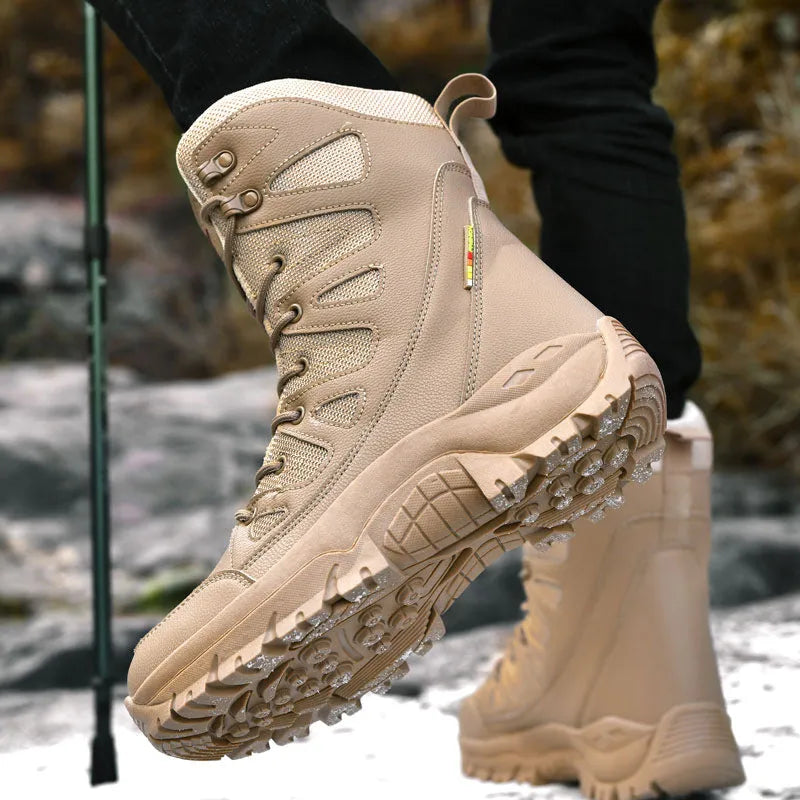 Cowhide leather hi-top hiking shoes in beige, black, and brown colours
