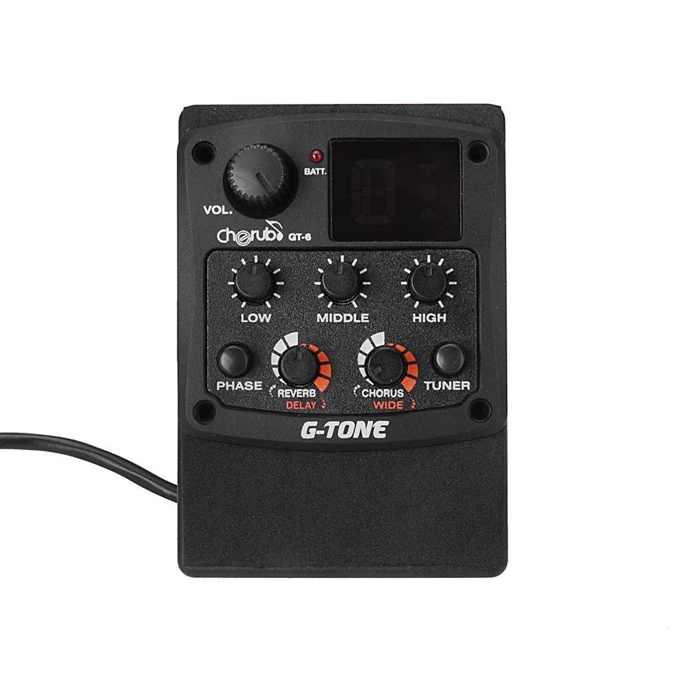 Cherub GT-6 black acoustic guitar EQ pickup with rotary controls for tone and effects