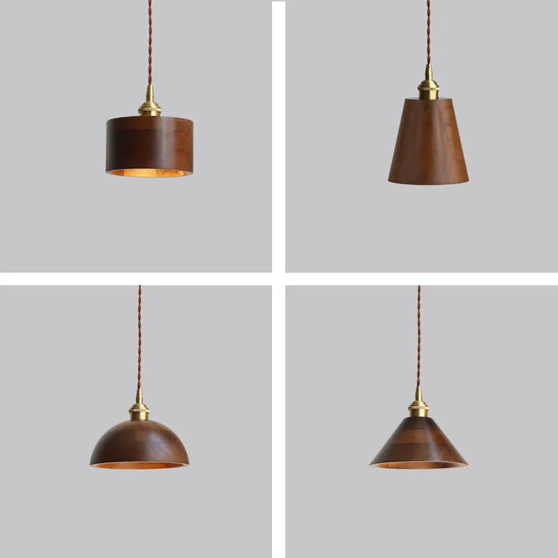 Black walnut and copper single-head droplight chandelier pendant light fixture.