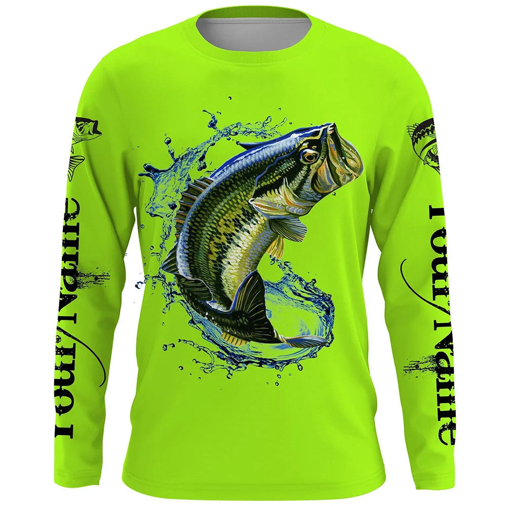 Men's fish printed long-sleeved pullover top in milk silk polyester fabric showing round neck design