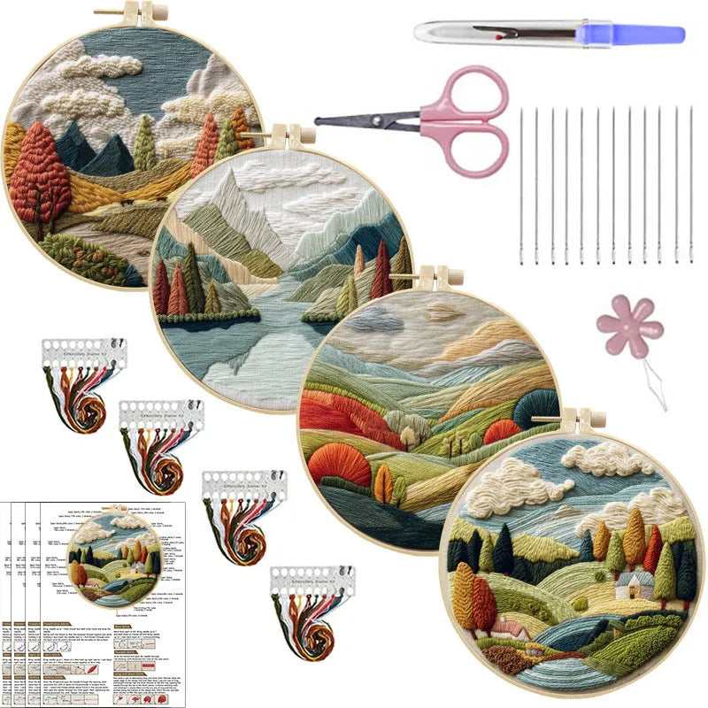 Embroidery DIY kit components: printed landscape fabric, embroidery hoop, coloured threads, and needles laid flat.