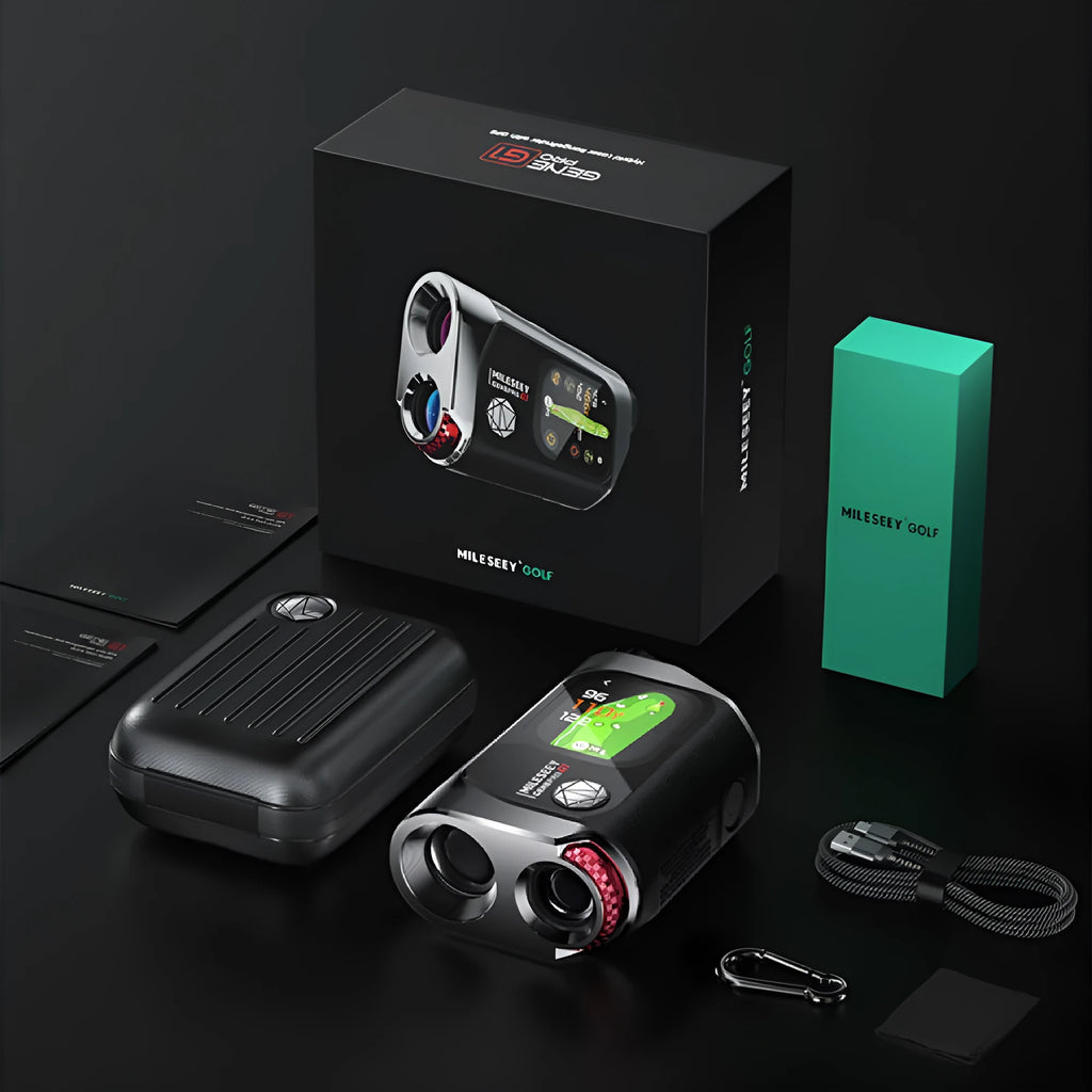 Black GenePro G1 GPS rangefinder handheld device with display screen, shown with USB-C cable and storage case.
