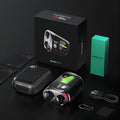 Black GenePro G1 GPS rangefinder handheld device with display screen, shown with USB-C cable and storage case.