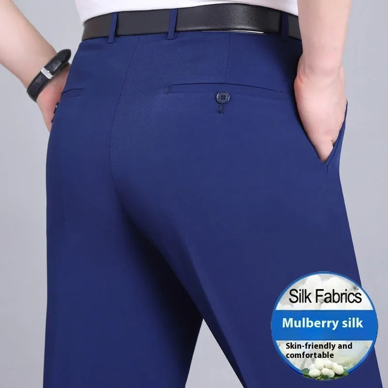 Men's straight-cut business trousers in dark blue with high waist and non-ironing construction