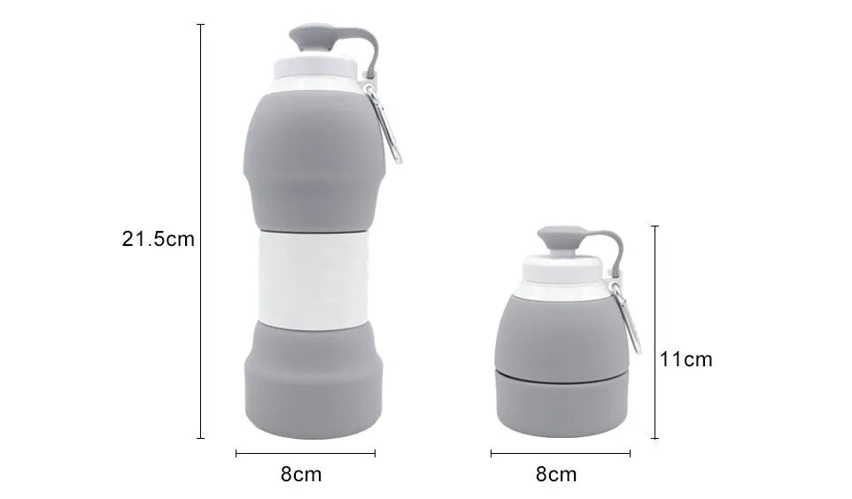 Blue silicone folding water bottle shown expanded and collapsed with measurement scale
