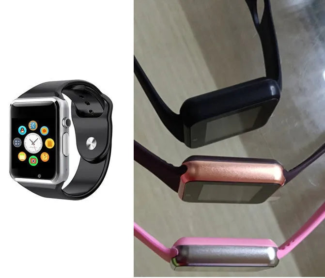A1 Smart Watch for Android in various colours, showing screen, GSM SIM slot, and camera.