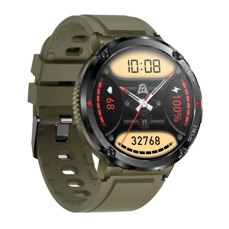 Black T30 smartwatch with a silicone strap on a wrist, displaying a health stats screen.
