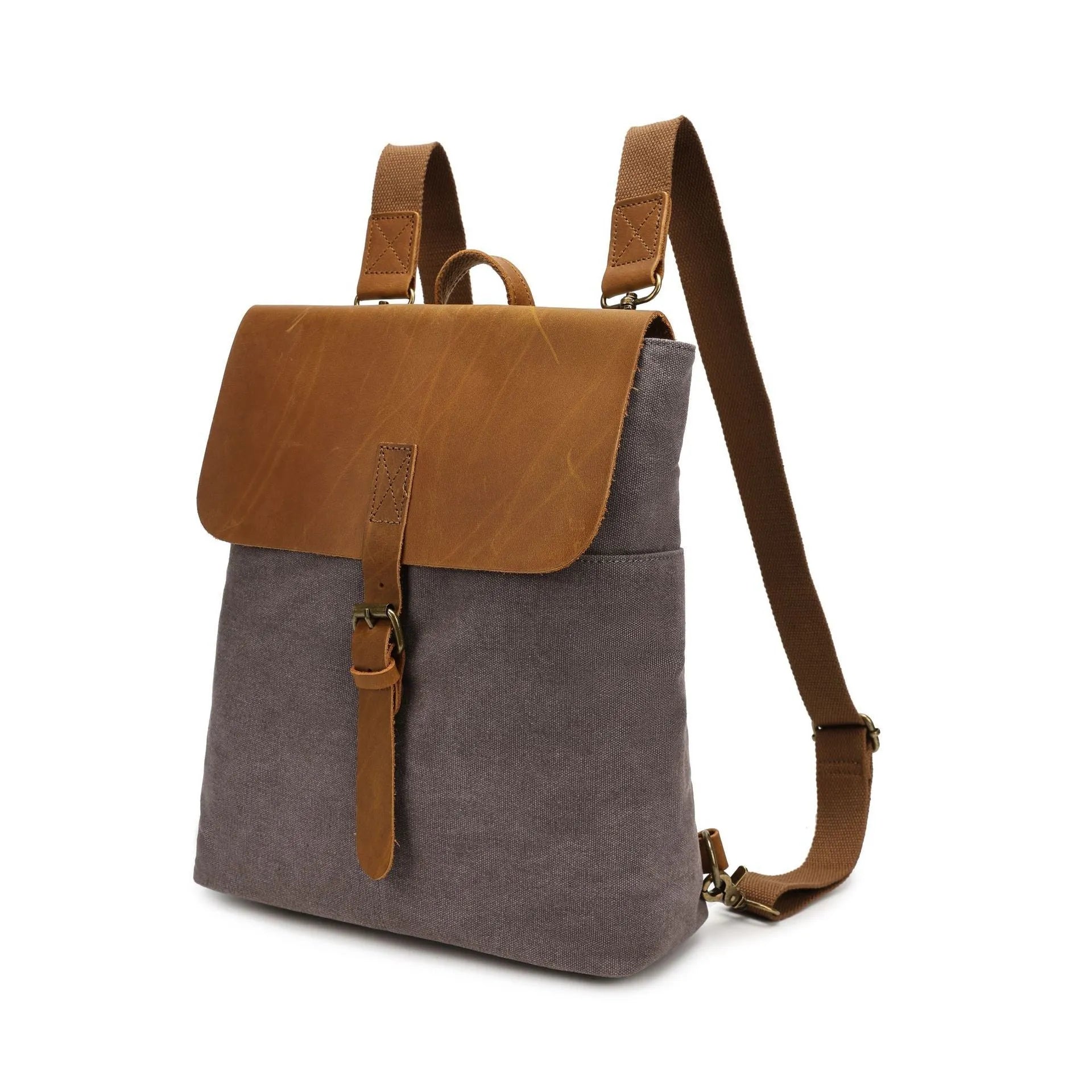 Crazy Horse leather casual student minimalist backpack in canvas material with waterproof function