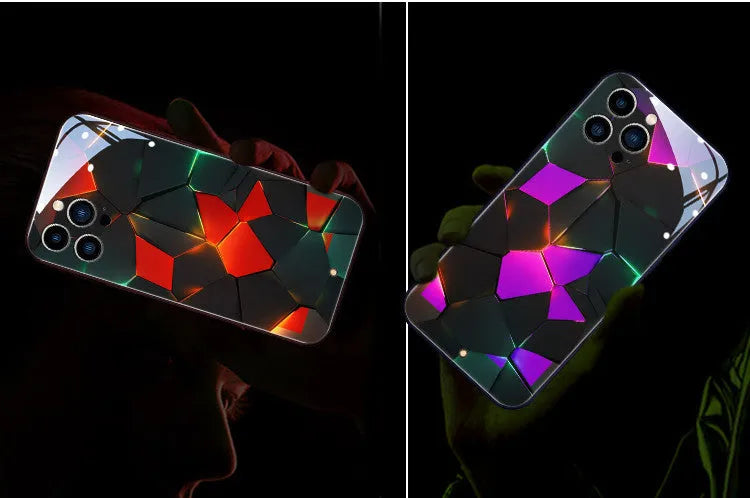 Xpress 14 iPhone case with illuminated light notification around edges, showing tempered glass back on a desk.