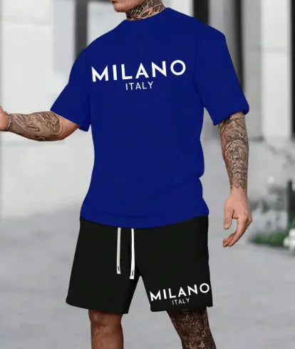 European style men's short sleeve polyester suit set with round neck top and matching shorts in multiple colours