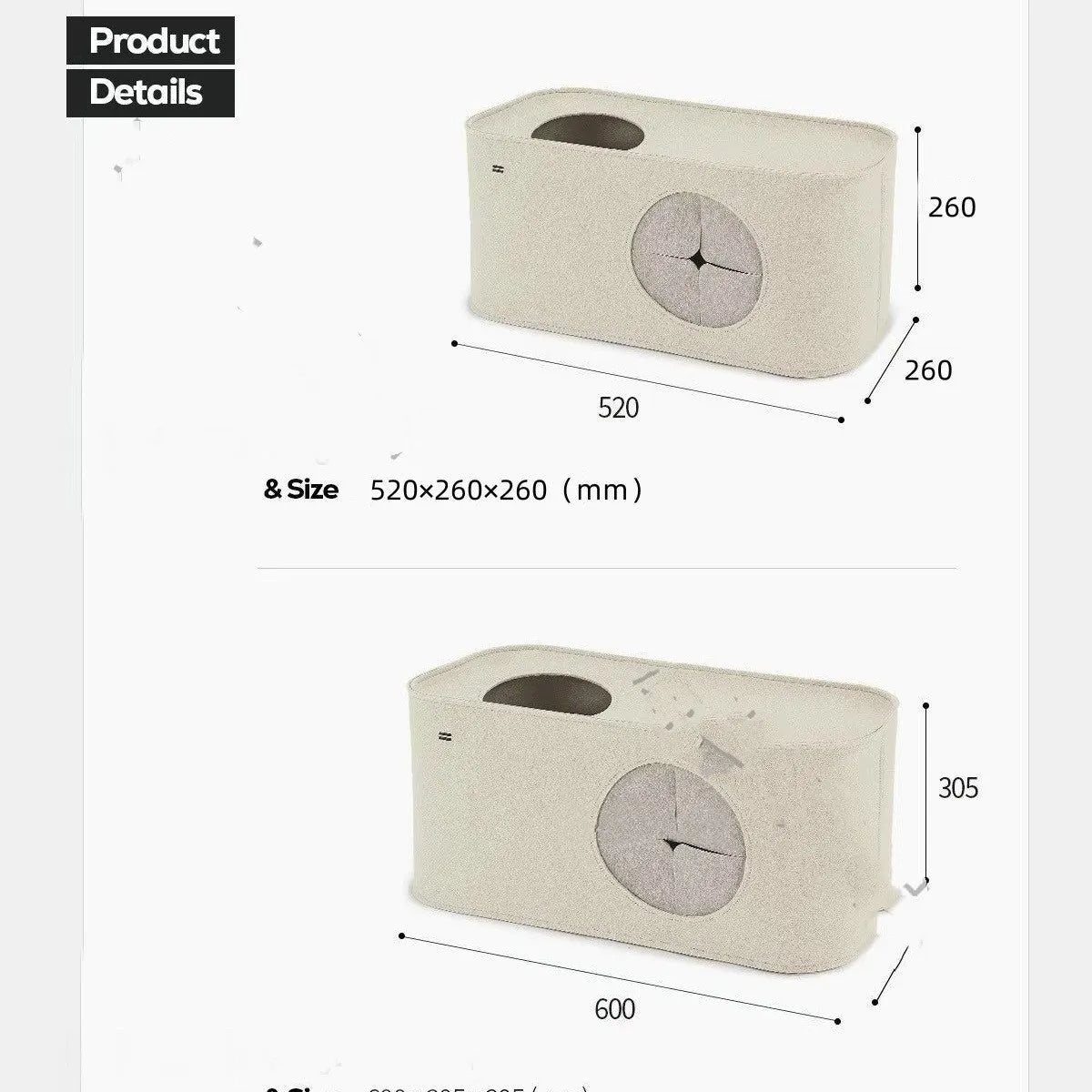 Foldable khaki felt cat nest shown in both bed and enclosed cage configurations.