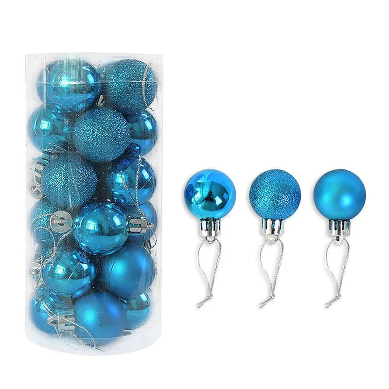 Set of 24 shiny and matte finish Christmas ball ornaments in assorted colours, each 3cm in diameter.