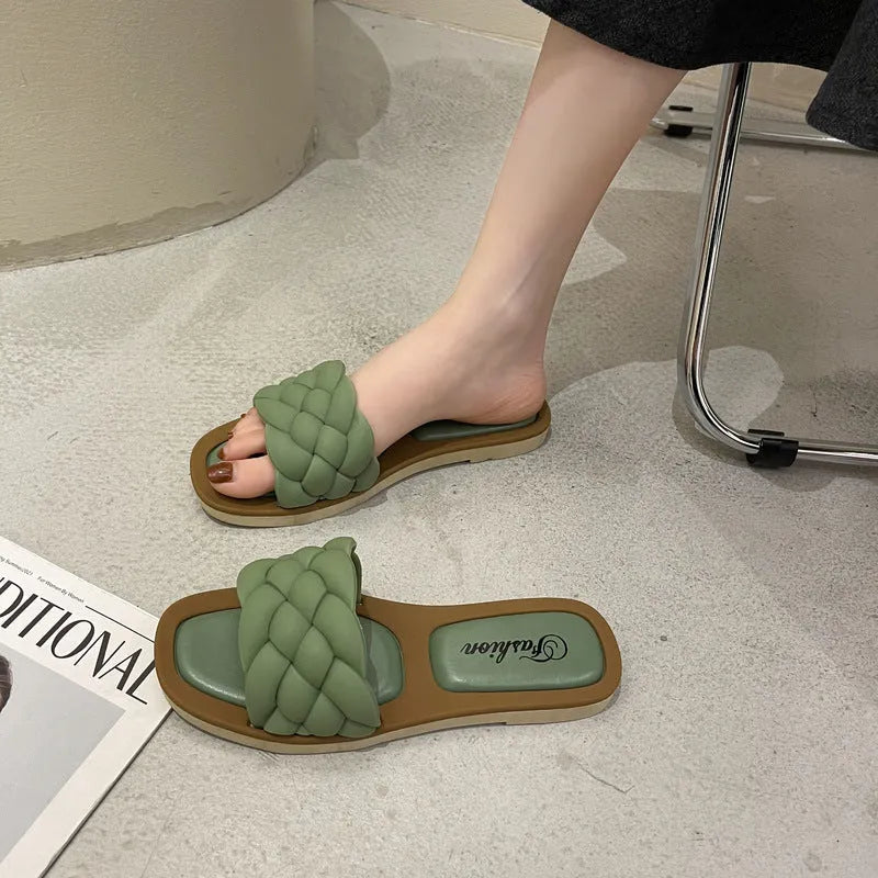 Women's plaid pattern beach sandals with thick PVC anti-slip sole in green colour.