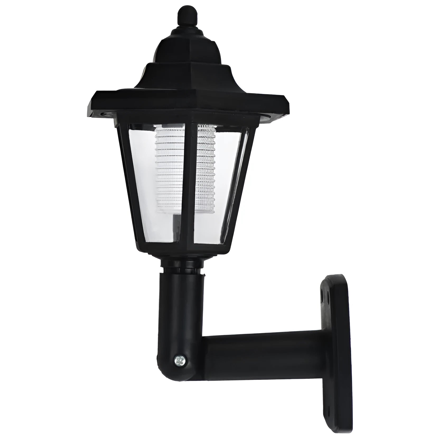 Black hexagonal solar-powered wall light with LED and solar panel for outdoor use
