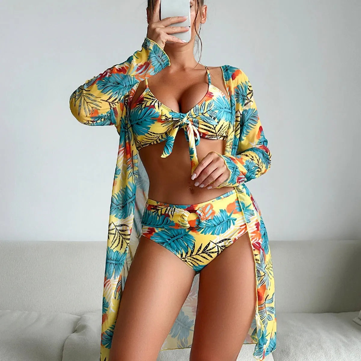 Three-piece printed polyester women's bikini swimsuit set in pattern 2, tight fit, high elasticity, sizes S to XL