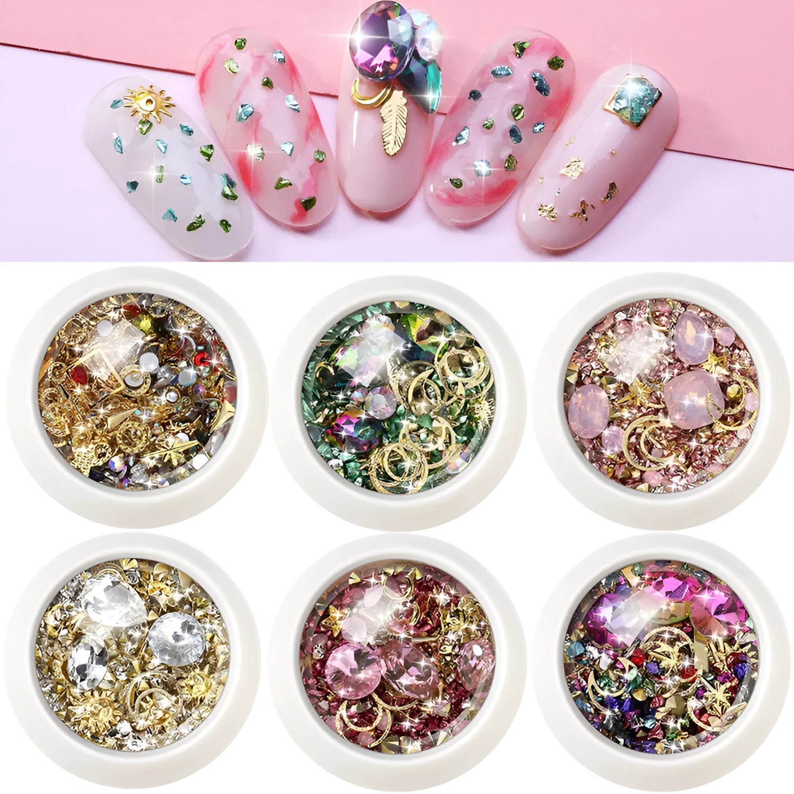 Set of metal nail art diamond and rivet sequins in six colours 89g
