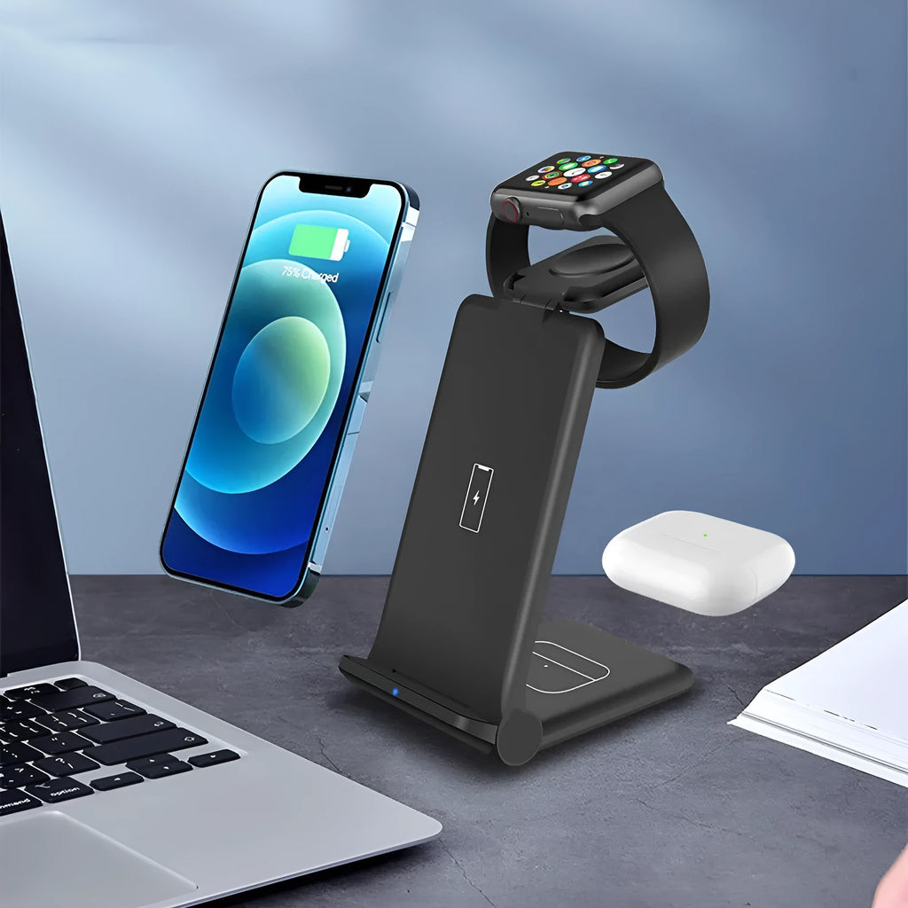 White 3 in 1 wireless charging station showing iPhone, AirPods and Apple Watch charging simultaneously