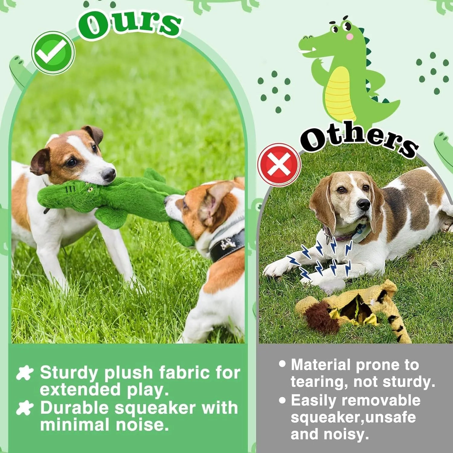 Green crocodile-shaped plush dog toy with a squeaker in the head and crinkle paper in the tail.
